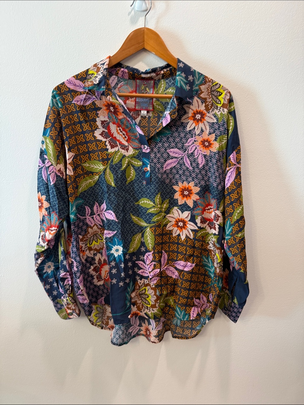 Johnny Was Silk Floral Patchwork Button-Front Women's Blouse - Navy Multi Sz S